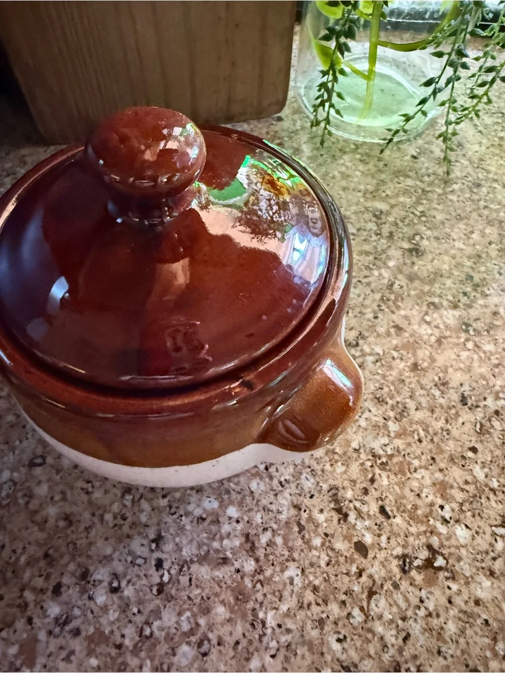 Vintage Brown & Cream Stoneware Lidded Bean Pot Crock
